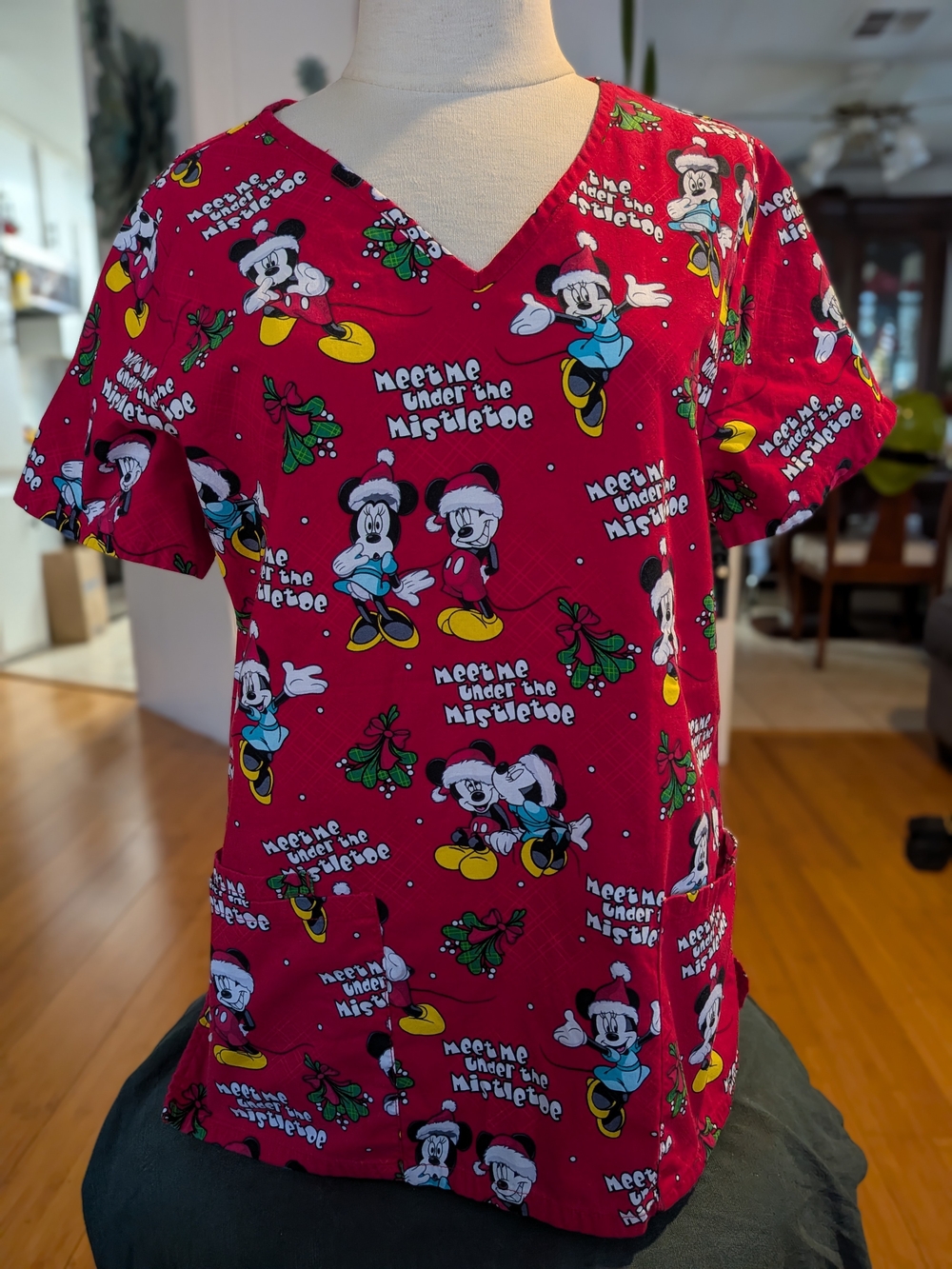Disney Red and White Mickey Print Scrub Top Sm